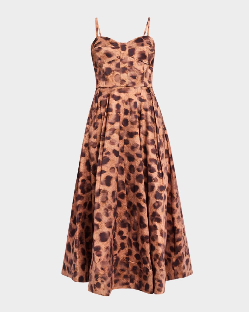 Queen Pleated Leopard-Print Taffeta Midi Dress
